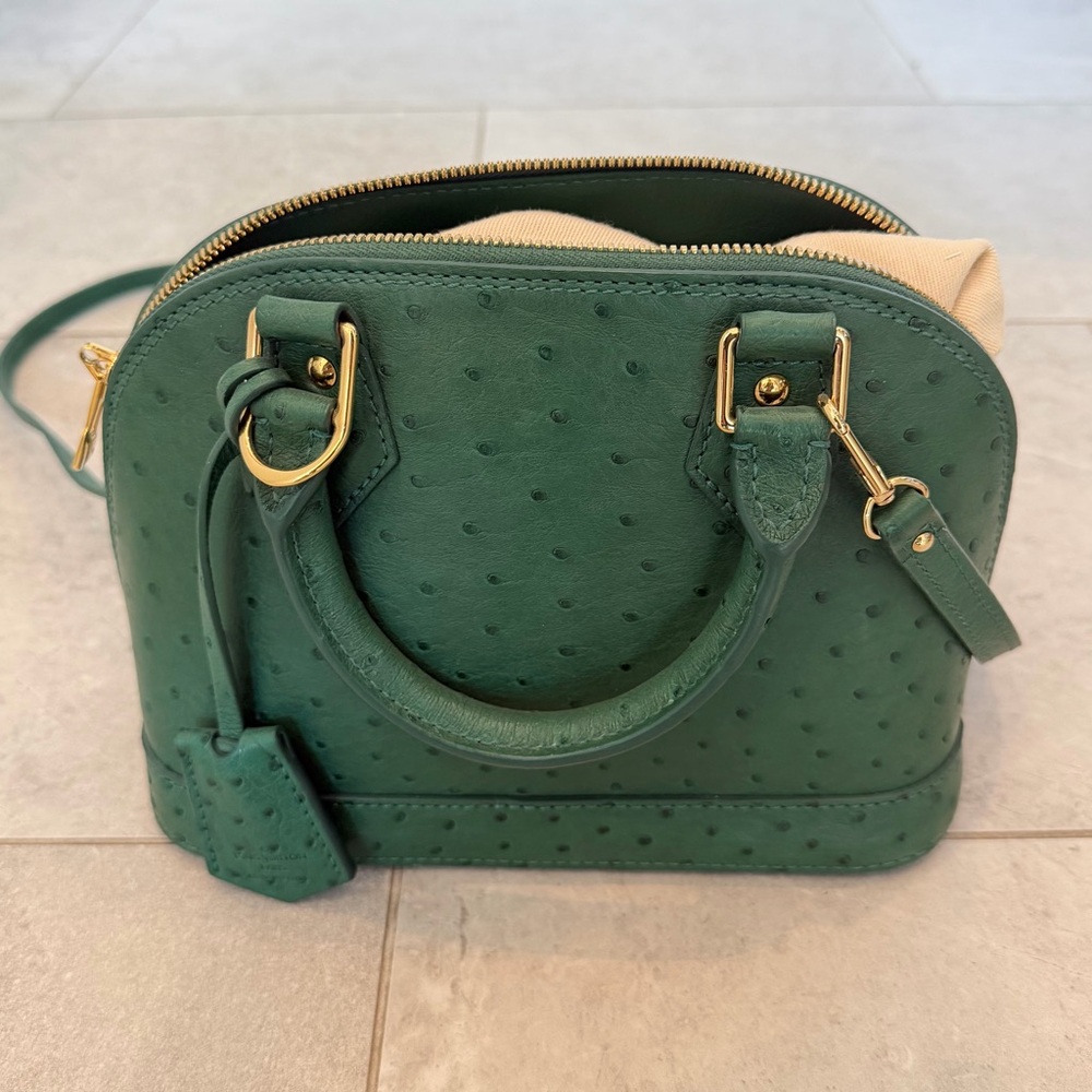 SOLDLouis Vuitton Green Ostrich Alma BB Handbag